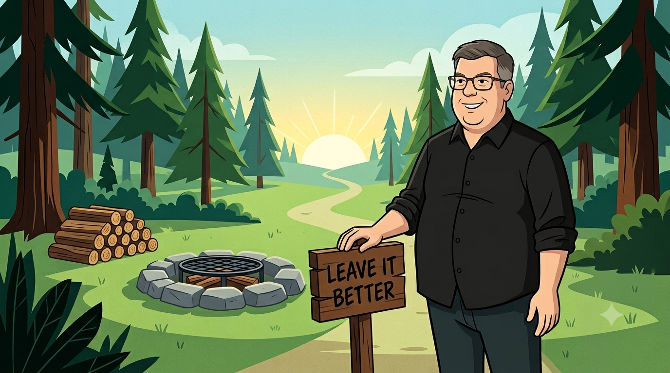 Illustration of a man in Hanna-Barbera animation style standing at the edge of a forest clearing beside a trail marker, looking ahead toward a stylized sunrise.
