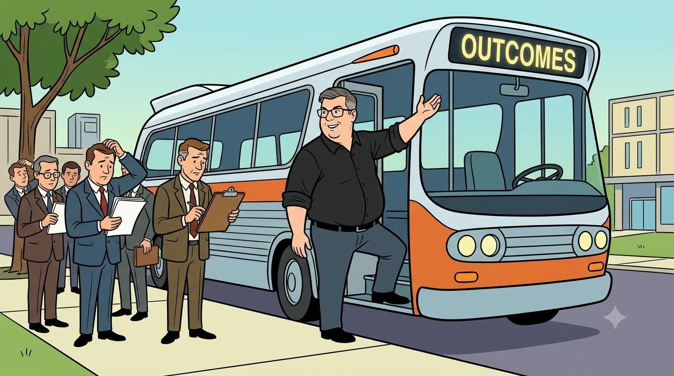 Hanna-Barbera style illustration of a man boarding a futuristic bus while bureaucrats remain stuck at the platform reading documents.